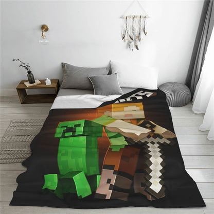 Cartoon Mines Pixel Game Crafts Flannel Blanket Super Warm Throw Blanket for Home Decor Decorative Street Trend Bedspread