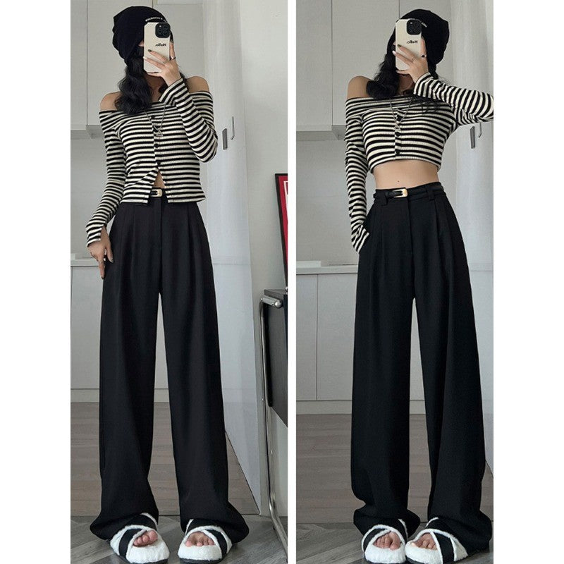 2024 Fall Winter Elegant Gray Suits Pants for Women Office Lady High Waist Wide Leg Fashion Trousers with Pockets Black Pants
