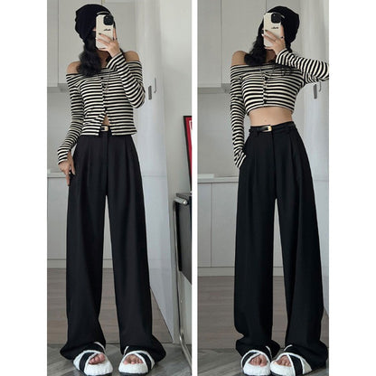 2024 Fall Winter Elegant Gray Suits Pants for Women Office Lady High Waist Wide Leg Fashion Trousers with Pockets Black Pants