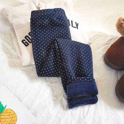 Girls Cotton Dot Print Leggings Autumn Winter Kids Fleece Warm Pants Baby Girl Slim Plus Thicken Trousers Children Clothes