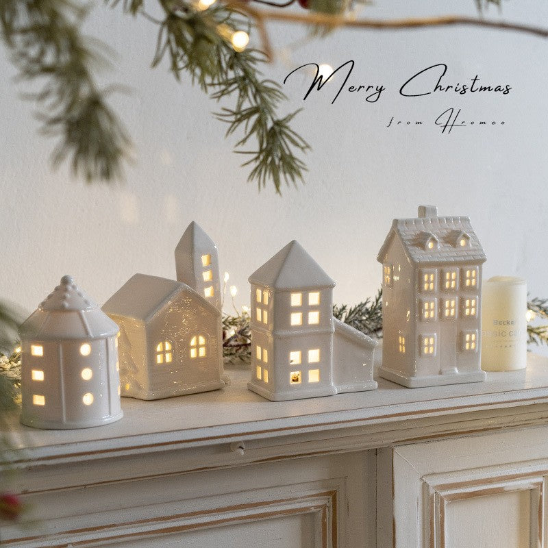 Glowing Ceramics Village House LED Light Up Porcelains Statue Figurine Festival Home Desktop Decors Christmas  Ornament