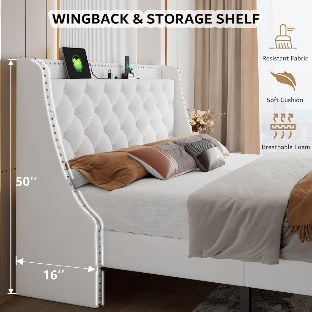 iPormis Velvet King Bed Frame with 16" Comfort Wingback & USB & Charging Station, Upholstered Platform Bed with Button Tufted St
