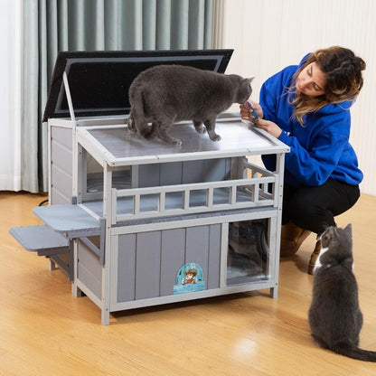 Casa de Gato Isolada Externa de 2 Andares Abrigo de Gato de Madeira Quente com Telhado Solar Varanda Plataformas de Salto Recinto para Gatos de Estimação