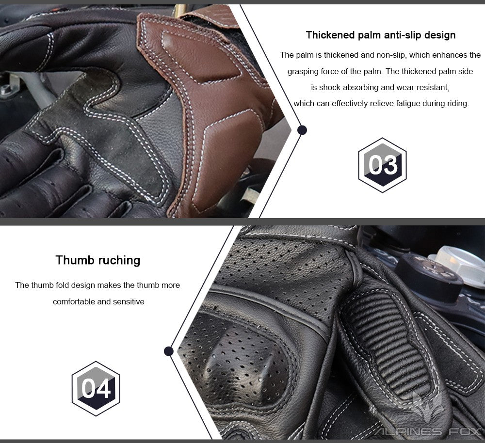 Luvas de Couro Perfurado Retrô de Verão para Motocicleta Masculino Feminino Luvas de Dedo Completo para Motocross Motoqueiro Guantes Moto Equipamento M-XXL