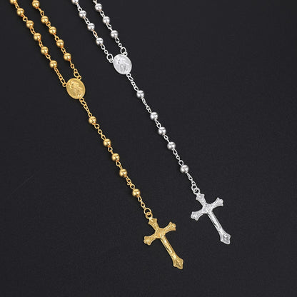Colar Terço Cor Prata Para Mulheres Homens Miçangas De Metal De 6MM Corrente Longa Pingente Cruz Crucifixo Joia Religiosa Para Festa Presente