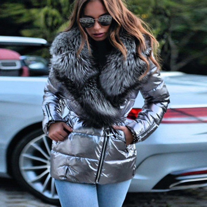 Ladies Winter Warm Shiny Short Coat Thick Fake Fur Collar Long Sleeve Jacket