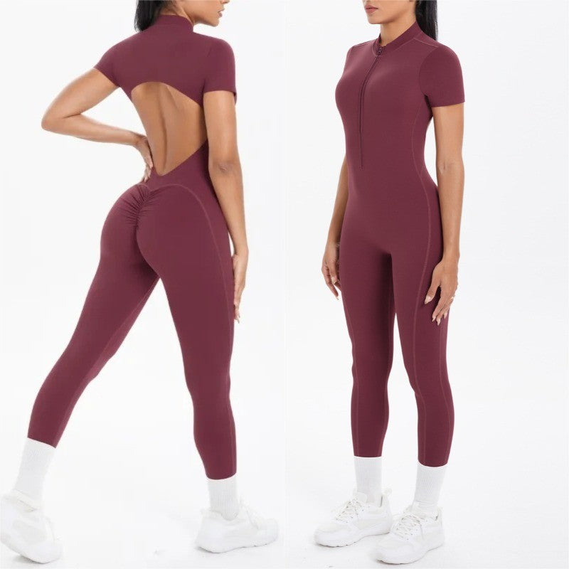 New Women's Yoga Jumpsuit Front Zipper Tight Back Hollow Out Short Sleeve-pants Activewear for Fitness Running Gym Workout