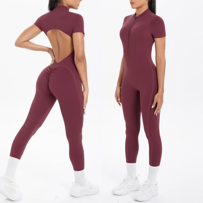 New Women's Yoga Jumpsuit Front Zipper Tight Back Hollow Out Short Sleeve-pants Activewear for Fitness Running Gym Workout