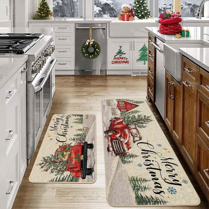 VIKAMA 2-Piece Christmas Festival Rug Set Kitchen Mat Combo, Entrance Hall Doormat Stain-Resistant and Easy-Care Home Decor