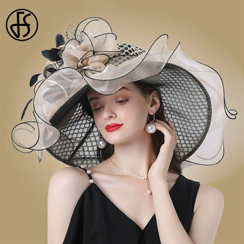 FS Mulheres Organza Vermelha Chapéus Casamento Fascinadores Elegante Grande Aba Larga Fedora Kentucky Derby Chapéus Festa Formal Igreja Chapéu Feminino