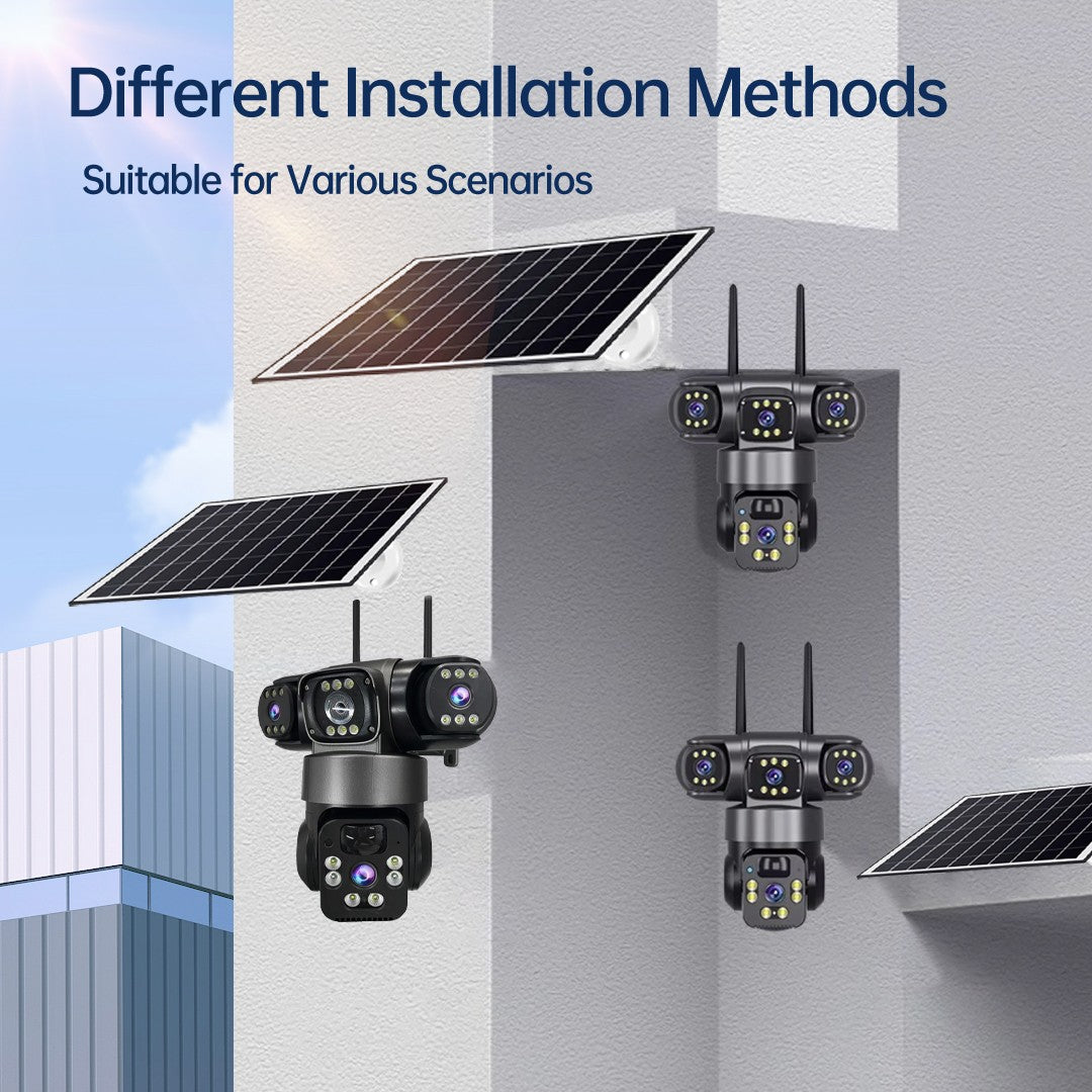 WiFi Solar Camera Three Lenses Outdoor 15MP 8K HD Low Power Battery IP Camera PIR Night Vision V380 Pro CCTV Security Protection