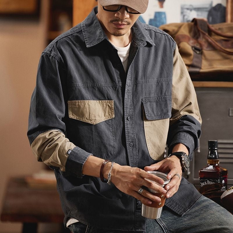Vintage Heavy Weight Carbon Grinding Patchwork Shirts Mens Spring Autumn Trendy Long Sleeves Cargo Shirt Streetwear Casual Tops