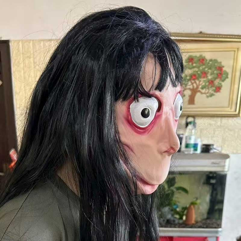 Halloween Creepy Female Ghost Momo Mask, Latex Horror Full Face Mask With Long Hair, Spooky Prank Mask For Adult Cosplay, Bar Pa