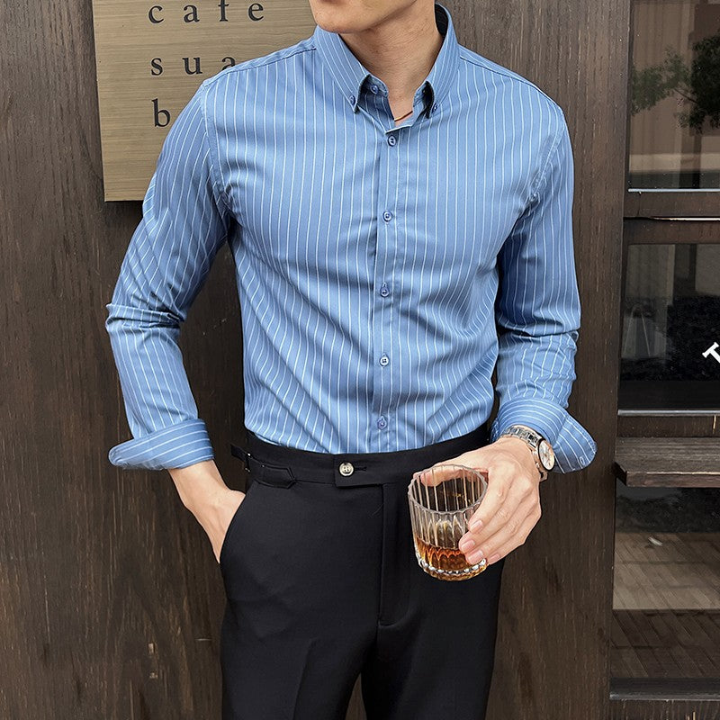 Striped Shirts for Men High-quality 2025 Autumn New Solid Business Casual Long Sleeved Elastic Slim Fit Dress Shirt Men Clothing