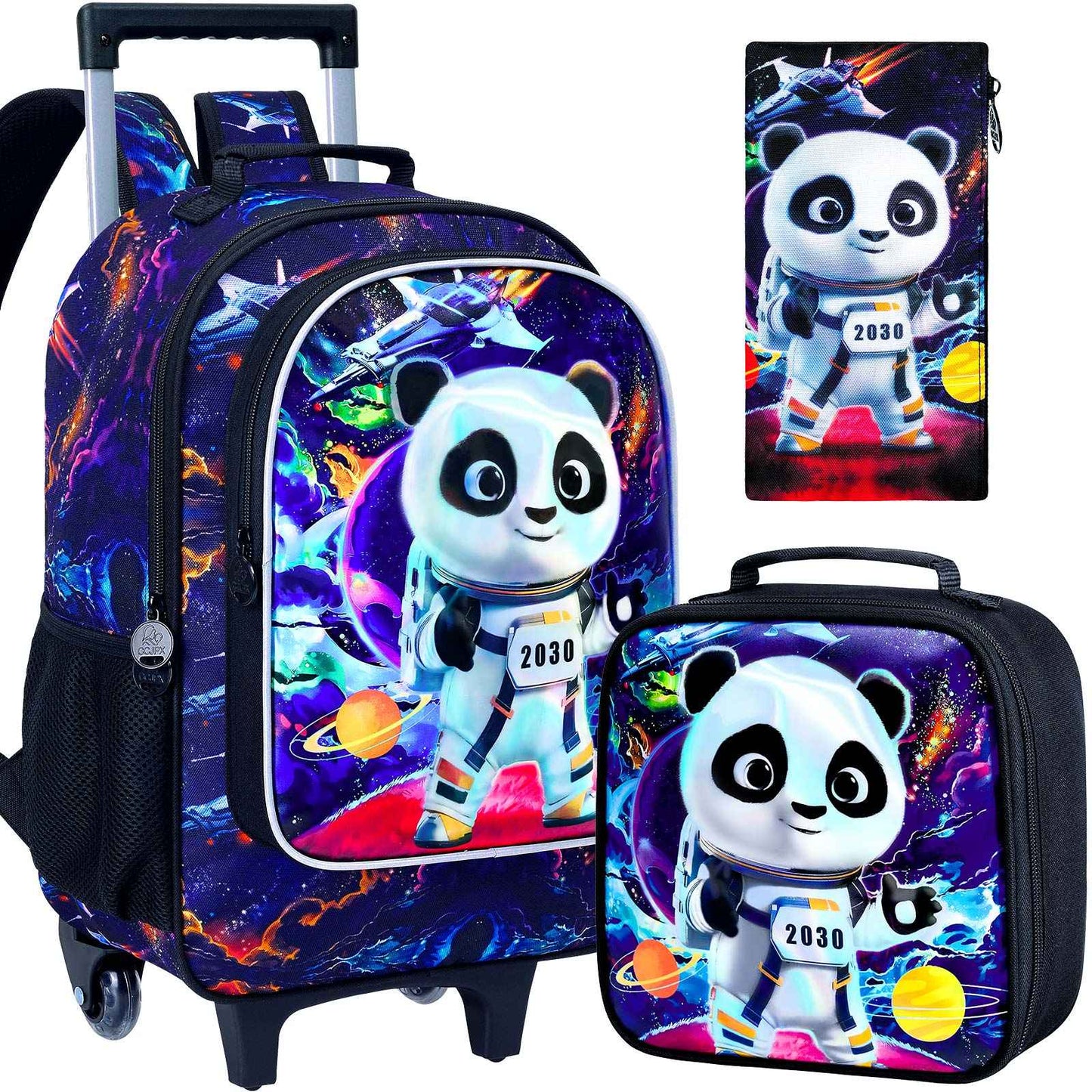 Rolling panda Backpack for Boys, Kids Roller Wheels School Bookbag with Lunch Bag, Wheeled School Bag for Children