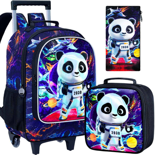 Rolling panda Backpack for Boys, Kids Roller Wheels School Bookbag with Lunch Bag, Wheeled School Bag for Children