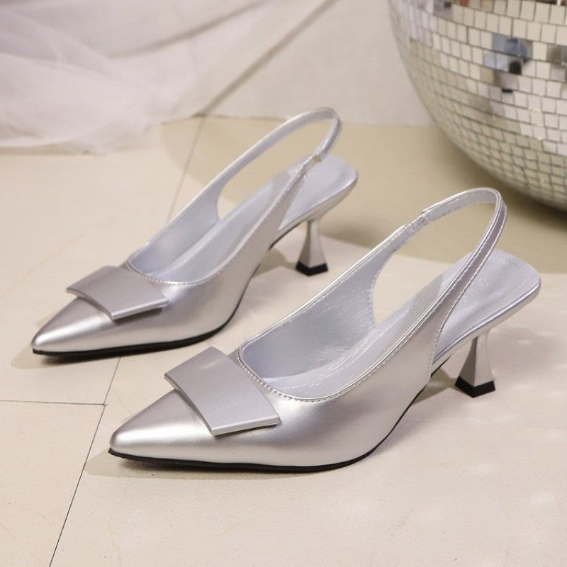 Women's Sandals Covering Toe High Heels Summer Pointed Toe Back Hollow Elegant Silver Color Ladies Shoes Rubber Sole