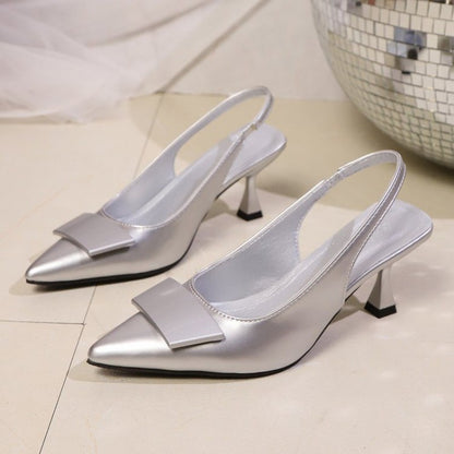 Women's Sandals Covering Toe High Heels Summer Pointed Toe Back Hollow Elegant Silver Color Ladies Shoes Rubber Sole