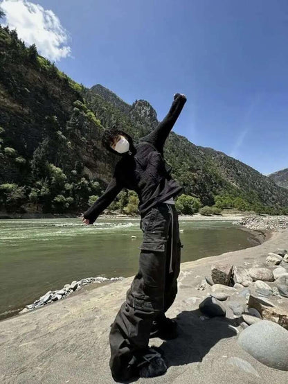 PFNW High Street Drawstring Zipper Sliced Wide Leg Cargo Pants Msn's Casual Loose Straight Trousers Loose Denim Pants 28W5963