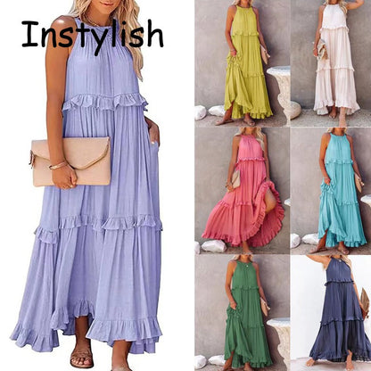 Women Casual Solid Ruffles Long Dress Summer Elegant Sleeveless Sundress Elegant