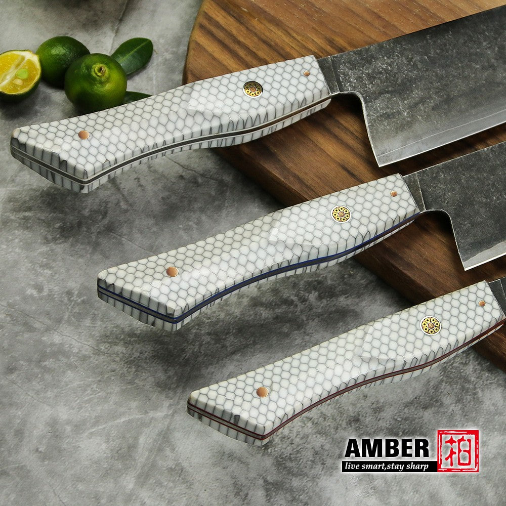 Conjunto de 3 facas de cozinha japonesas afiadas Damascus para Chef e Nakiri, lâmina de aço revestida de 3 camadas com cabo de resina e espaçador G10
