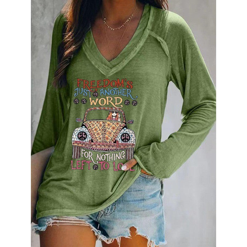 Ilstile Women's Hippie Car Letter Print T-Shirts Spring Summer Long Sleeve Casual Loose V Neck Tops WhiteTees New Arrival