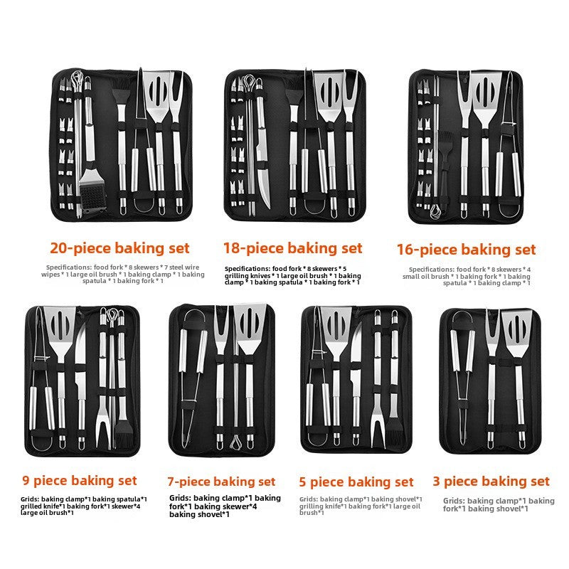 Stainless Steel BBQ Tool Set - Portable Grill Utensils in Oxford Cloth Bag, Complete Outdoor Cooking Kit for Camping &