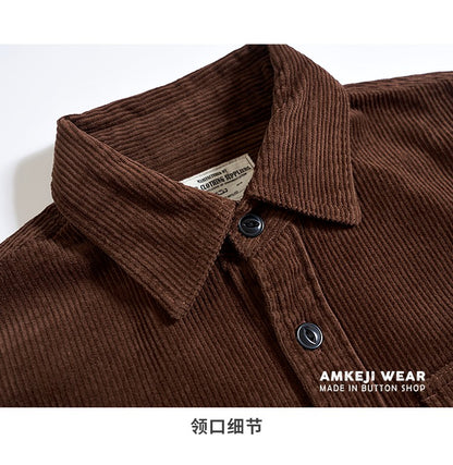 Autumn and Winter New American Retro Thick Corduroy Solid Color Cargo Shirt Men's Pure Cotton Long-sleeved Pocket Casual Blouses