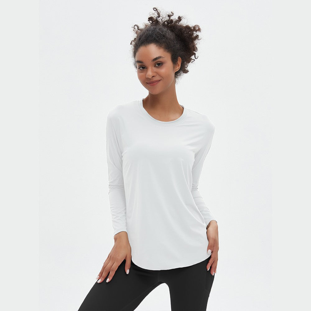 Quick drying Ice Silk Yoga Hoodie Round Neck Loose Breathable Coat Versatile Sports Long Sleeve T-shirt