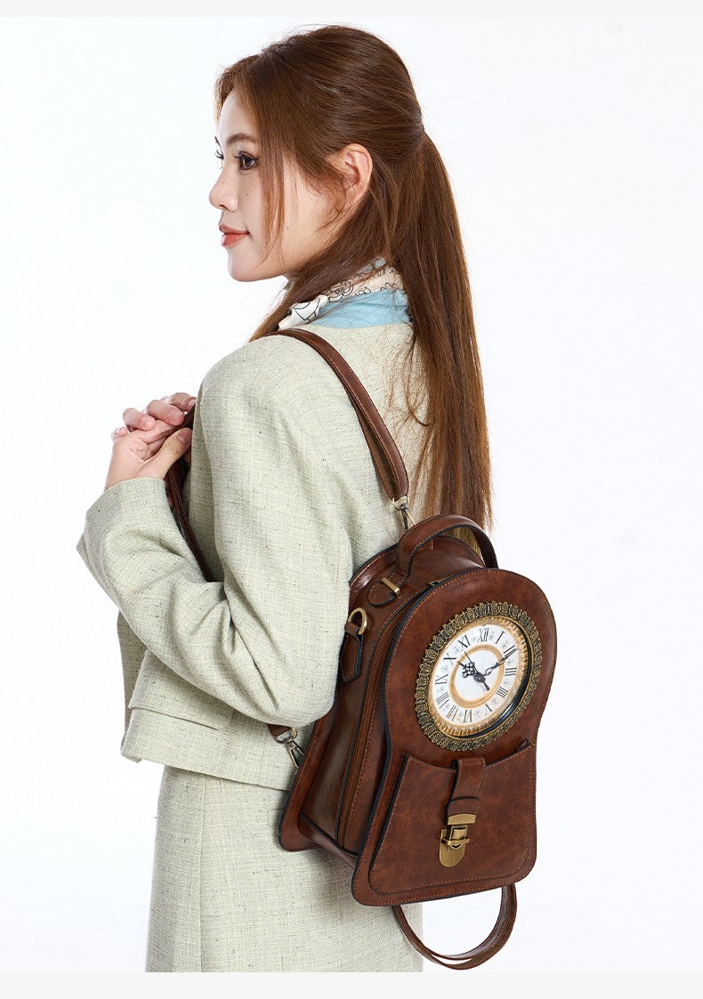 Vintage Clock Backpack, Clock-Style Fashion Shoulder Bag, Crossbody Backpack, Trendy Cool Clock Design, Large-Capacity Multifunctional Travel Bag, British Style Vertical Party Backpack, Waxed Leather Three-Dimensional Bag, Holiday Gift for Christmas