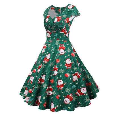 Fashion V-neck Short Sleeve Printed Christmas Dress Large Swing Vintage Elegant Xmas Party Dress