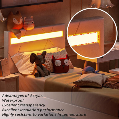Estrutura de Cama de Solteiro com Luzes LED (Controle via APP Inteligente), Estrutura de Cama Plataforma Moderna Estofada, Não Precisa de Box/Livre de Ruídos