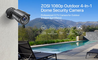 ZOSI 1080P 4 Pack HD TVI Security Cameras Outdoor Indoor Weatherproof Bullet Surveillance Camera for Analog CCTV DVR System