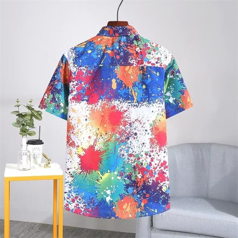 Y2K Men Oversize Street Fashion Summer Daily Shirt Hawaiian Splash-ink Print Casual Loose Short Sleeve Beach Shirts For Man Tops