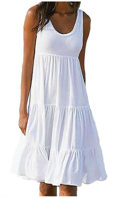 Plus Size Women Causual O Neck Sleeveless Ruffles Mini Dress Boho Solid Beach Sundress Oversized Loose Dress 2025 Summer