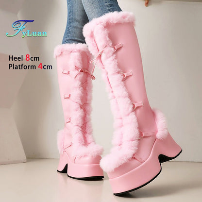 8CM Chunk Heels Winter Warm Knee High Boots Women Snow Short Plush Platform Boots Faux Fur Cosplay Lace-up Long Shoes Size 34-43