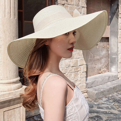 Chapéu de sol de palha feminino, estilo coreano, aba grande, à prova de sol, chapéu de férias dobrável, para praia e ar livre.  ????  ??