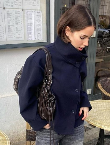 Women Fashion Stand Collar Woolen Jacket Single Breasted Long Sleeve Female Coat 2025 Autumn Chic Street Office Short Outerwears