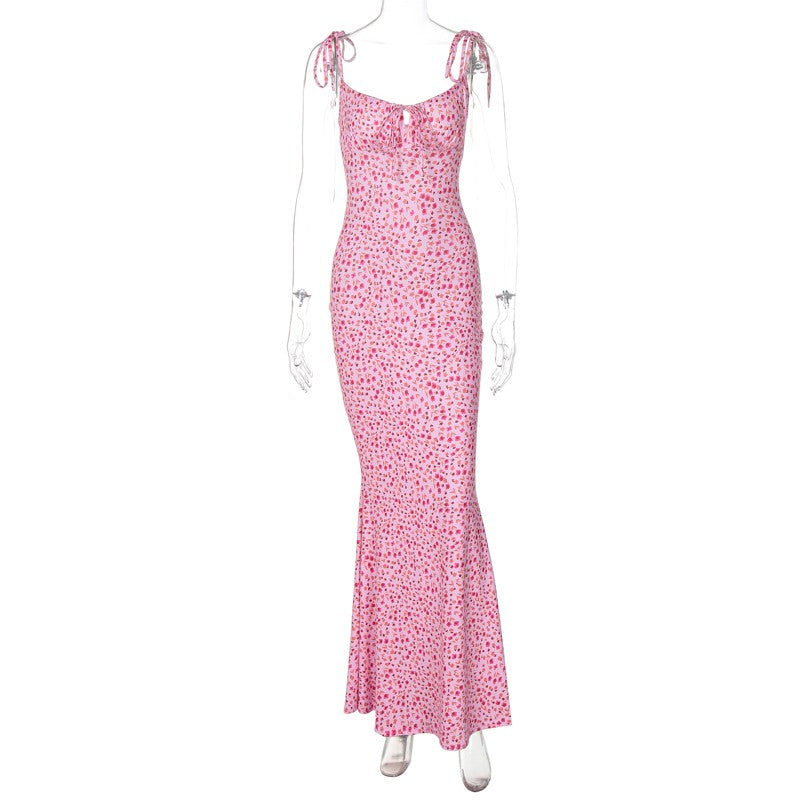 Hugcitar Floral Print Sleeveless Backless Slips Lace Up Maxi Dress Sexy Bodycon
