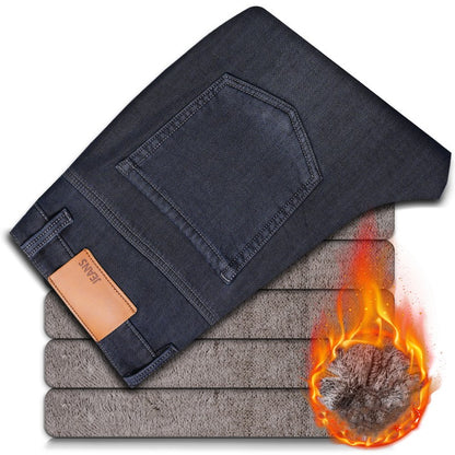 Men's Fleece Straight Leg Jeans Winter Thick Warm Business Casual Velvet Pants Elastic Loose Trousers Outdoorwear