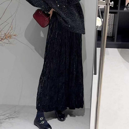 Plus Size Plus Size Women's Velvet Pleated A- Line Midi Skirt Autumn Winter Slimming Half-length Versatile Fashionable Commut...