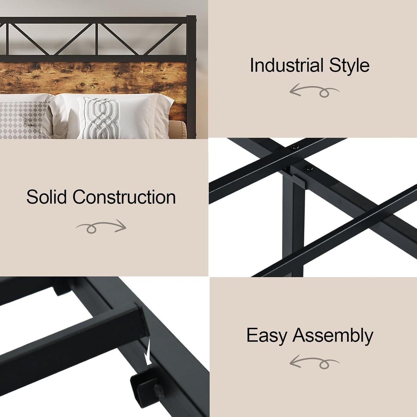 Estrutura de Cama Queen Size, Cabeceira Industrial de 130 cm de Altura, Estrutura de Cama Plataforma Queen com Suporte de Sarrafos de Aço Forte, Ruído F