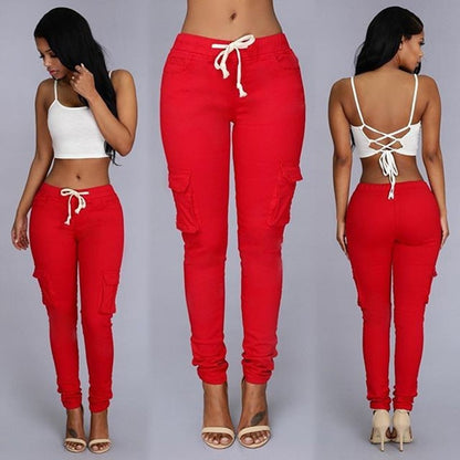 Women Slim Fit Pencil Pants Multi Pocket Drawstring Tie Waist Casual Trousers with Belt