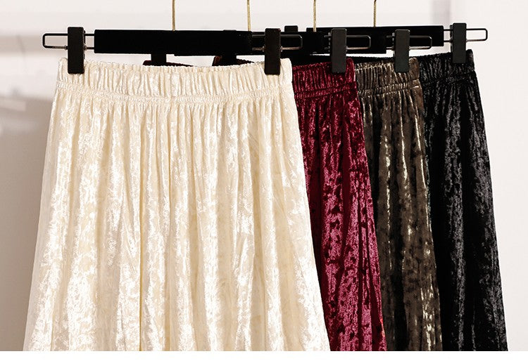 Autumn Winter Girls New A-line Velvet Skirt 2025 Plus Size Gold Velvet Half Pleated Skirt Solid Versatile High Waist Mid Skirt