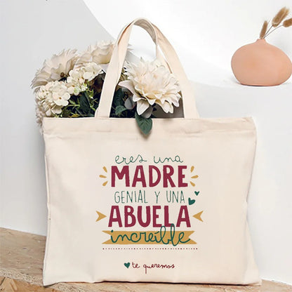 Spanish Abuela Quote Tote Bag Vibrant Shoulder Handbag with Heart Ribbon Design Perfect for Mother’s Day & Grandma Appreciation