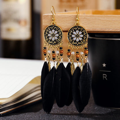 Brincos femininos longos de pena estilo boho, praia, com borla longa, miçangas, flores artesanais esmaltadas, para noiva, casamento, Pendientes Mujer