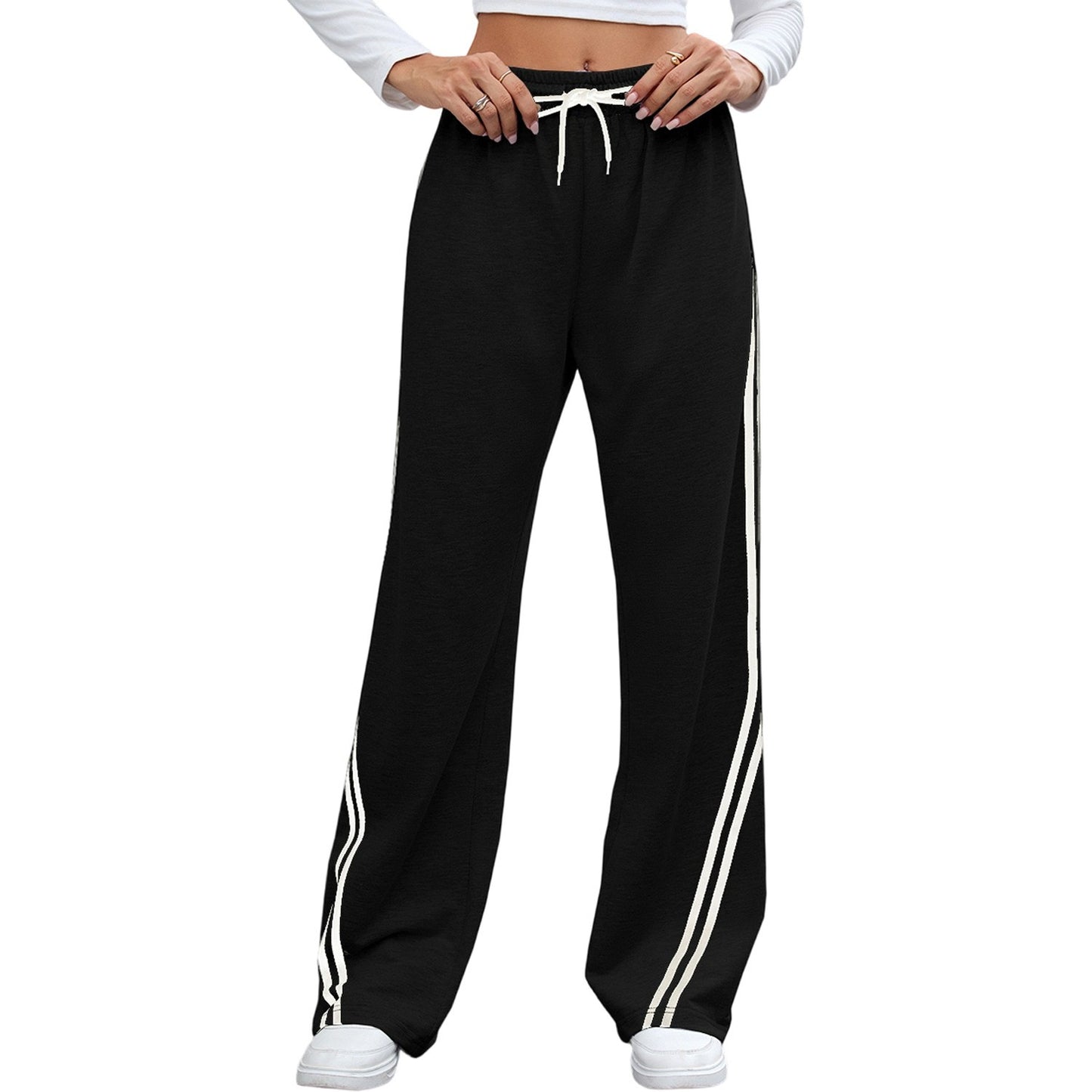 2025 Women Stripe Chic Straight Pant Autumn Spring Retro Sports Sweatpants Solid color casual fashion elegant waist womens pants