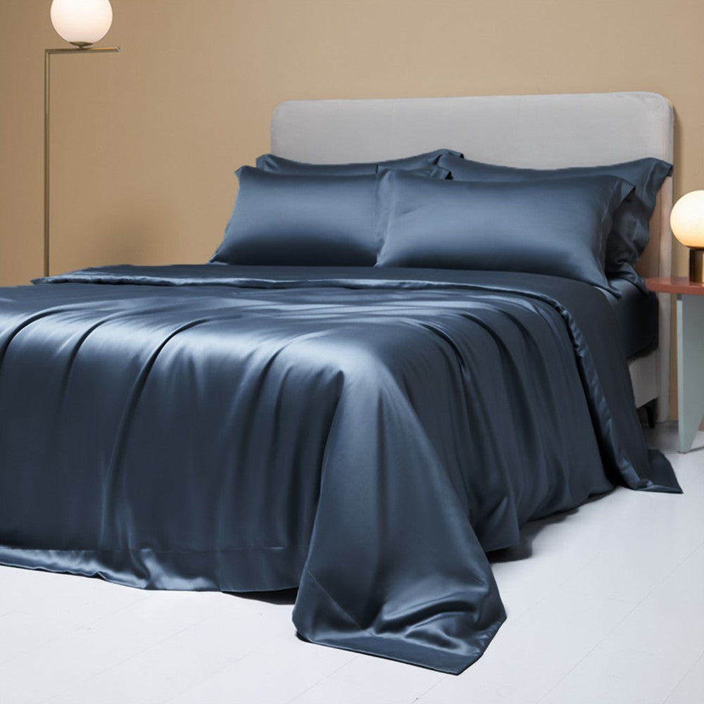 Lofuka Luxuoso Conjunto de Cama Cinza Escuro 100% Seda Pura Capa de Edredom Lençol Fronha para Sono Saudável Casal Queen King