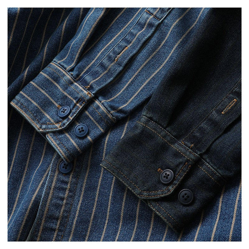 American Retro Workwear Long Sve Denim irt Loose Casual Striped ket irt Youth Trend Autumn Wear Iron Free