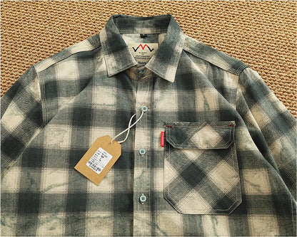 Autumn New Japanese Retro Long-Sleeve Lapel Plaid Cargo Shirt Men's Simple 100% Cotton Washed Pocket Casual Blouses Thin Coat